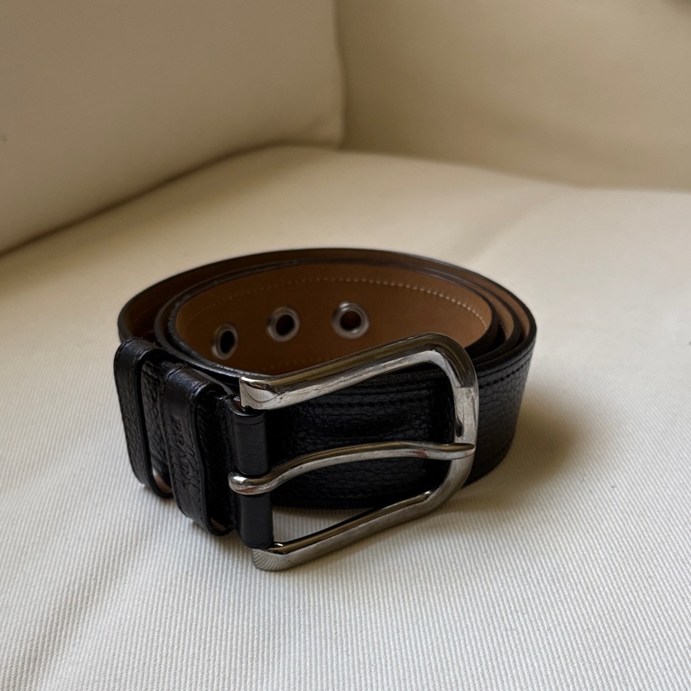 Prada Black Leather Belt with Silver Buckle
